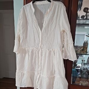 Made In INDIA Button-Up Tunic Dress Flutter Bell Sleeves White Large